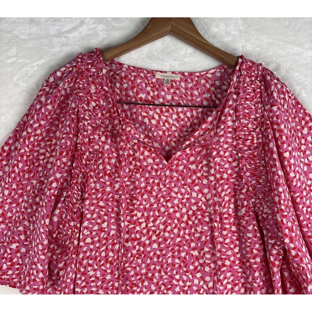 Jodifl Medium Vibrant Floral Pink/White Flutter‎ Sleeve Top V Neck Spring Summer - Picture 2 of 11